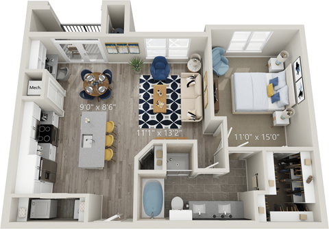 A8 - Luxury one bedroom apartment with living room kitchen with island bathroom with bathtub walk in closet and patio with storage